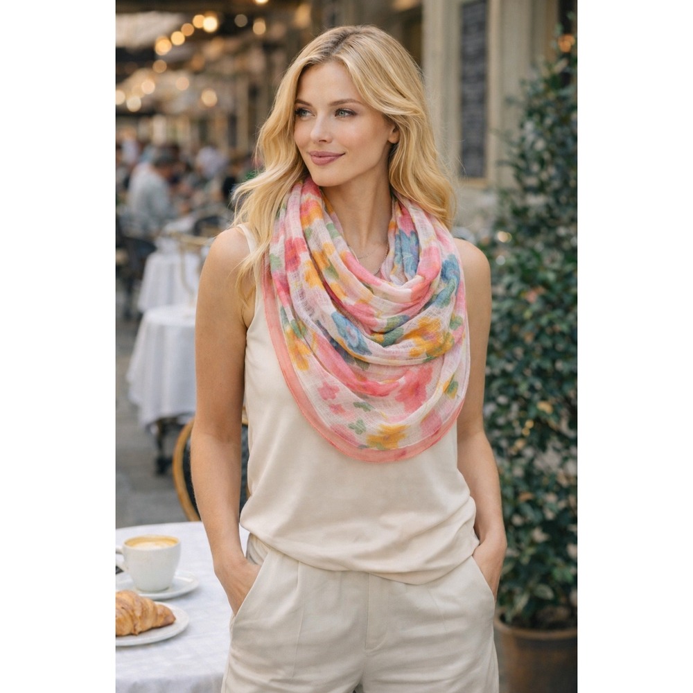 Eyeful Sheer Floral Infinity Scarf Pink Border Lightweight Polyester Wrap